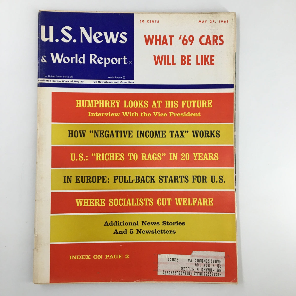 Cover of US News & World Report Magazine from May 27, 1968, featuring Hubert Humphrey and topics such as future cars, negative income tax, and interviews with political figures.