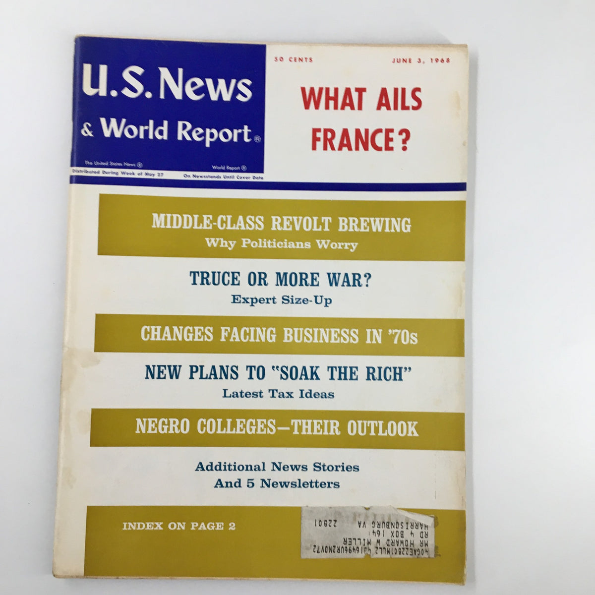 Cover of US News & World Report Magazine from June 3, 1968 featuring the headline 'Middle-Class Revolt Brewing' and other articles including 'What Ails France?' and 'Truce or More War?'