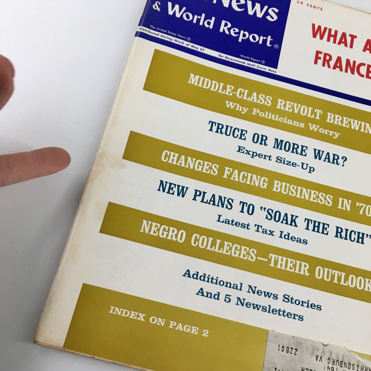 Detailed view of the US News & World Report Magazine cover from June 3, 1968 highlighting key stories like 'Changes Facing Business in the 70s' and 'Negro Colleges - Their Outlook'.