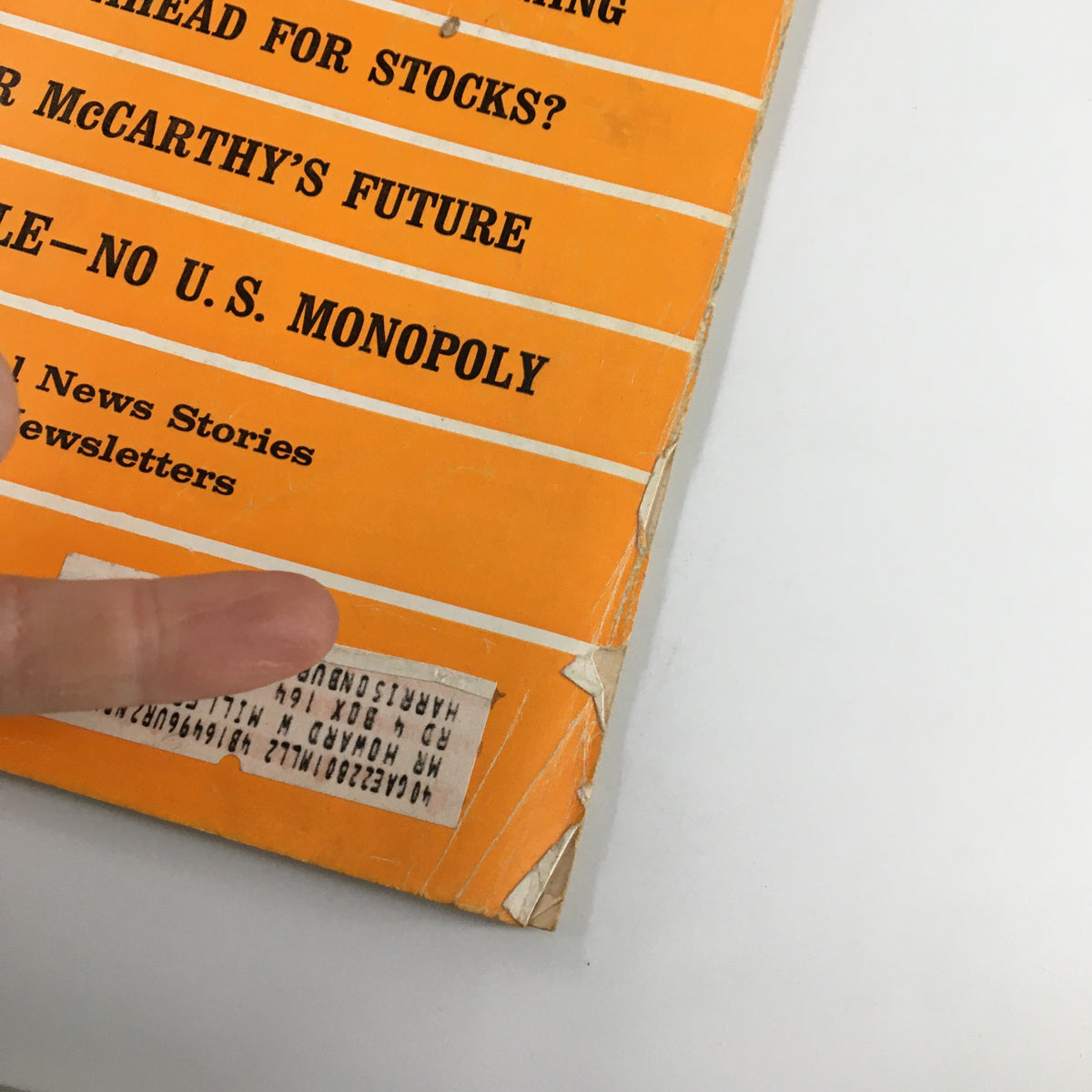 Close-up view of the US News & World Report Magazine July 8, 1968 showing the magazine's spine and details, highlighting articles such as 'Senator McCarthy's Future' and 'Race Trouble - No U.S. Monopoly'.