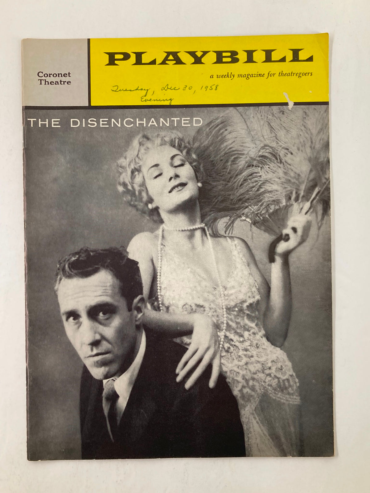1958 Playbill featuring Jason Robards Jr. in The Disenchanted, showcasing a vintage cover design with the Coronet Theatre logo.