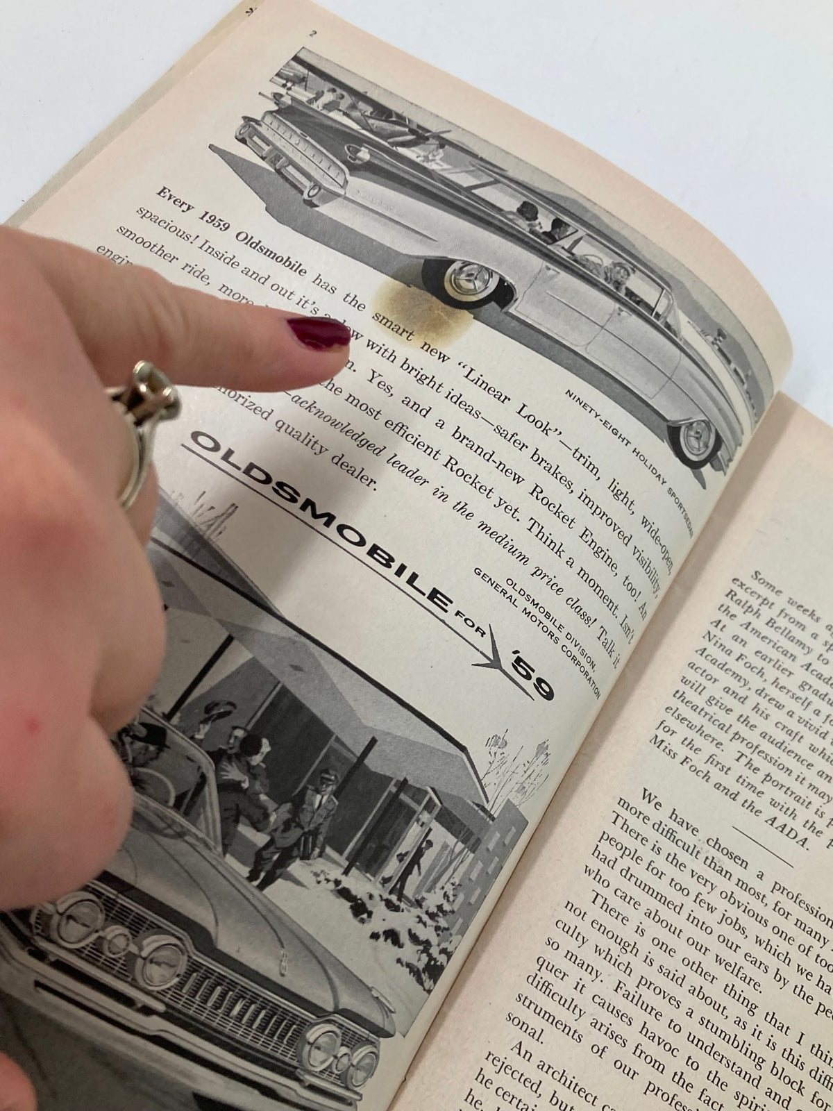 Illustrated inner page of the 1958 Playbill for The Disenchanted, featuring an advertisement for Oldsmobile and details on the automobile from 1958.