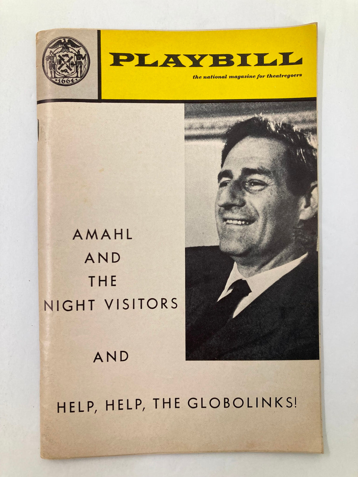 1969 Playbill for Gian Carlo Menotti's Amahl & The Night Visitors featuring a smiling portrait of Gian Carlo Menotti on the cover.