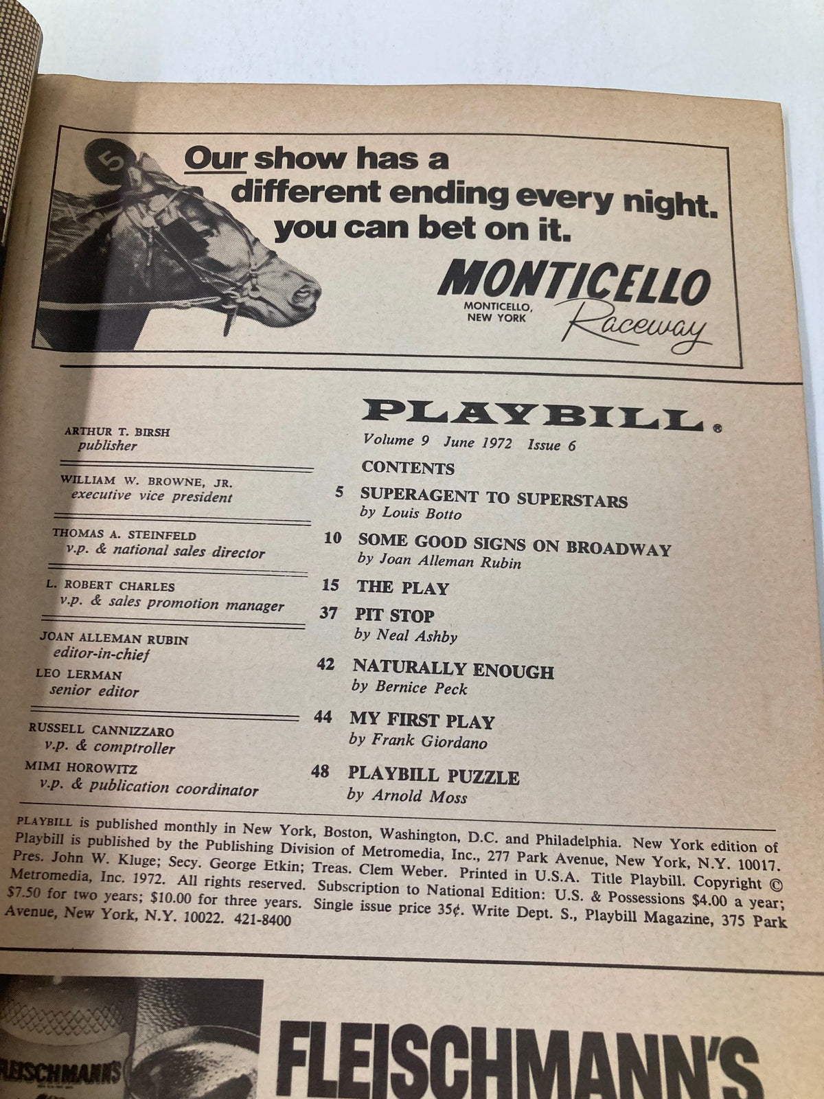 Inside page of the 1972 Playbill for The Prisoner of Second Avenue, featuring an advertisement for Monticello Raceway and showcasing theater content.