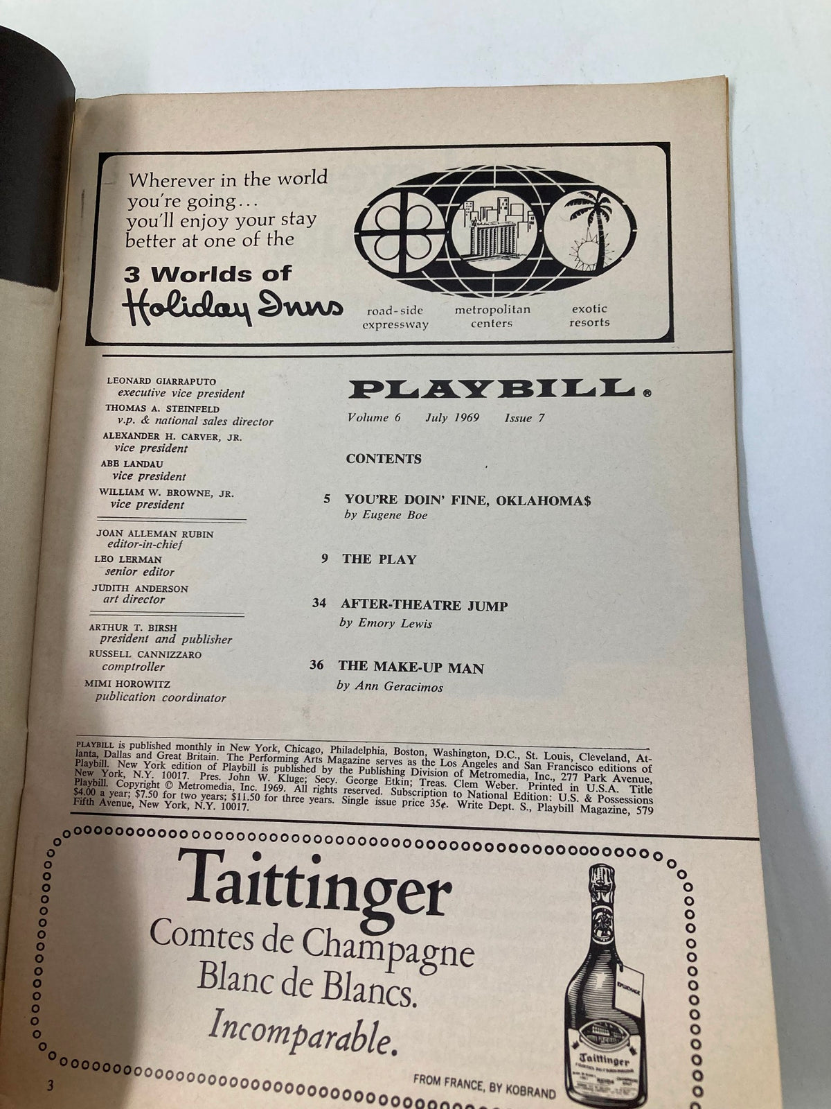 1969 Playbill The Morosco Theatre showing the contents page, including listings for the play Forty Carats and other theatre features.