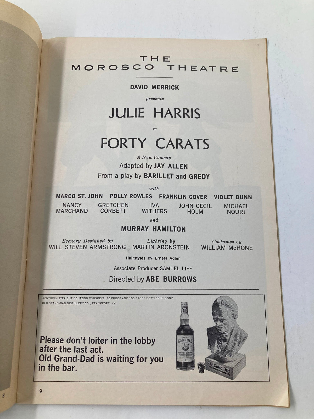 1969 Playbill The Morosco Theatre dedicated to the play Forty Carats, highlighting cast members Julie Harris and Murray Hamilton along with production details.