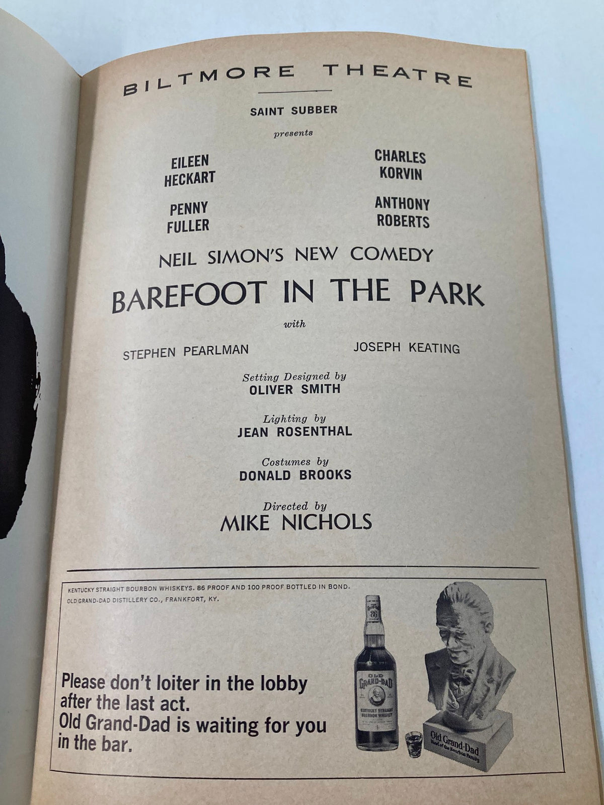 1965 Playbill from Biltmore Theatre featuring Eileen Heckart in Neil Simon's comedy, Barefoot in the Park. The image displays the Playbill's cover with cast and production credits.