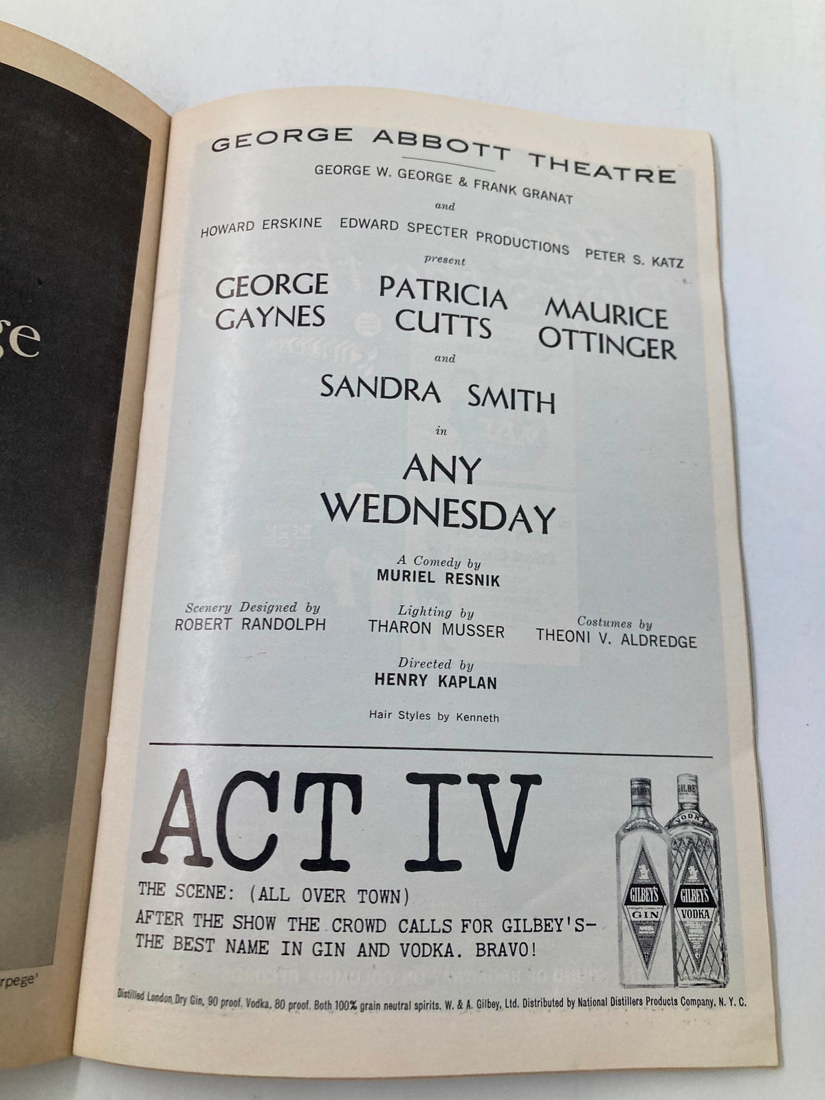 Interior page of the 1966 Playbill for Any Wednesday at George Abbott Theatre featuring cast and crew information, highlighting the prominent roles of George Gaynes and Sandra Smith.