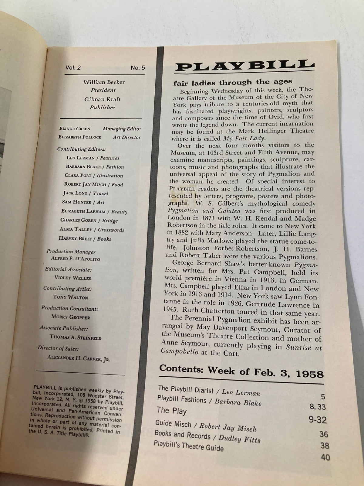 Inside page of the 1958 Playbill for The Dark at the Top of the Stairs, showcasing the editorial staff and production details.