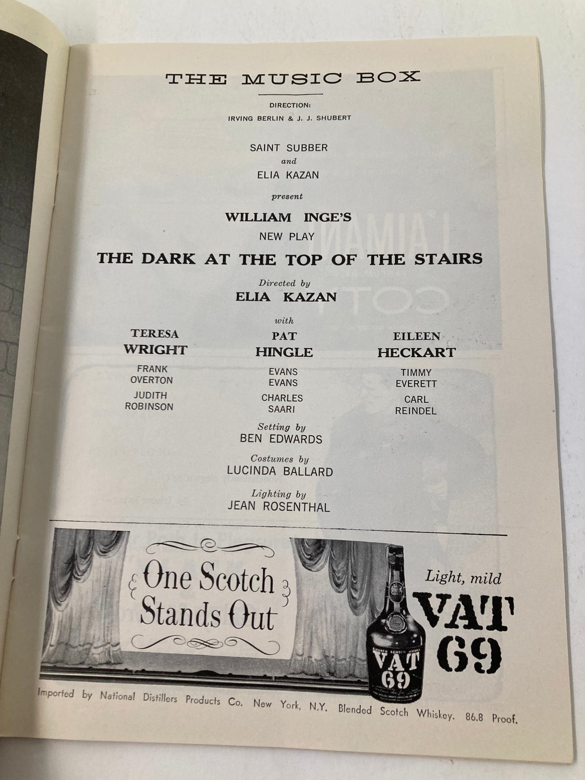 Inside page of the 1958 Playbill for The Dark at the Top of the Stairs, featuring cast list including Teresa Wright, Pat Hingle, and Eileen Heckart, along with production credits.