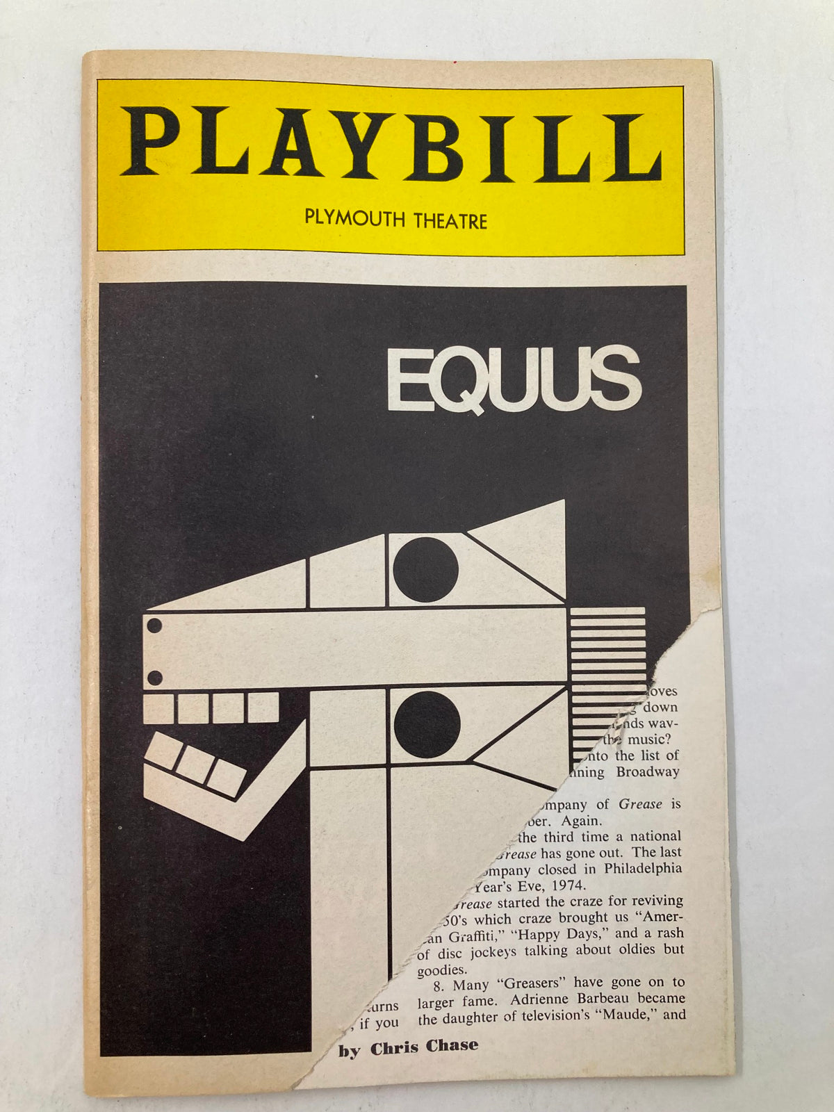 Cover of the 1976 Vol 120 #1 Playbill featuring Anthony Perkins in Equus at Plymouth Theatre, showcasing geometric artwork of a horse's head.