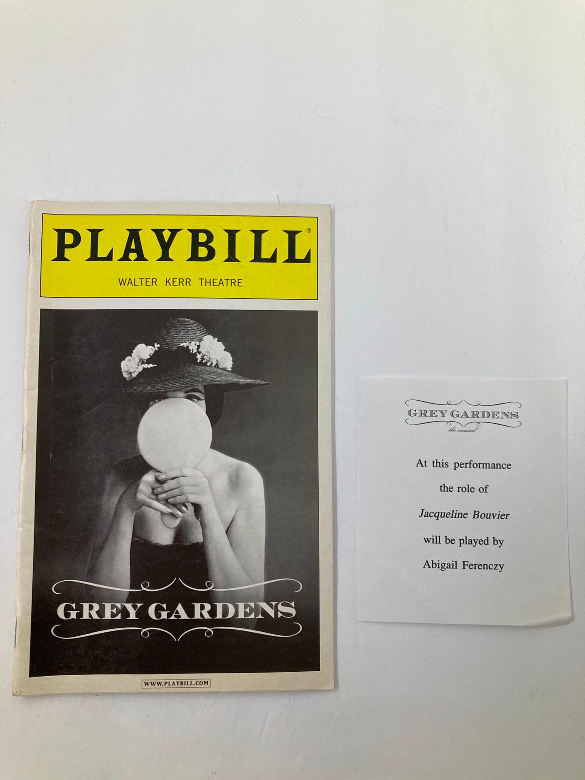 2007 Playbill for the musical Grey Gardens at Walter Kerr Theatre, featuring a woman holding a mirror, an iconic visual representing the production.