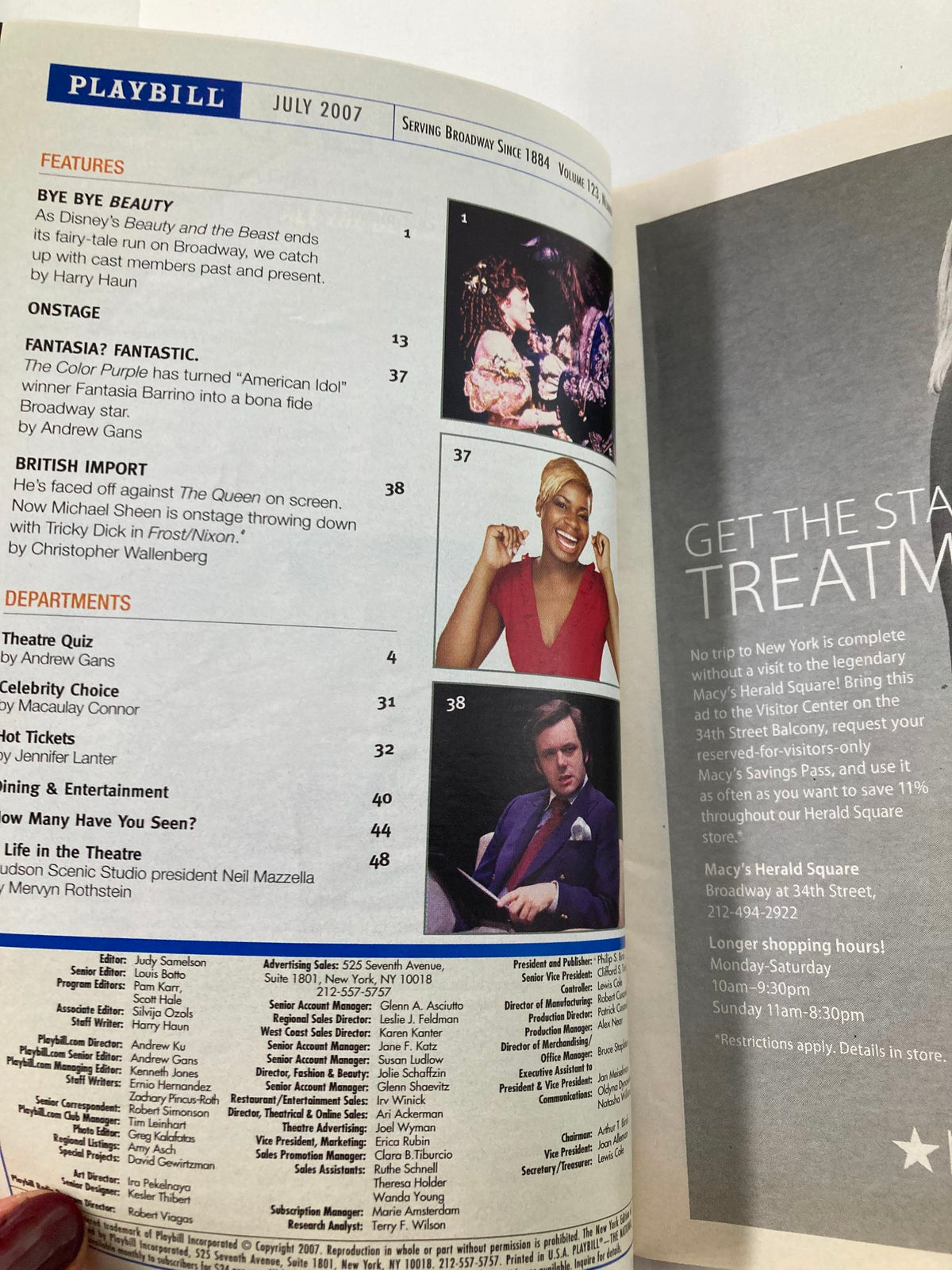 Inside page of the 2007 Playbill for Grey Gardens, featuring articles and features related to Broadway shows and performances.