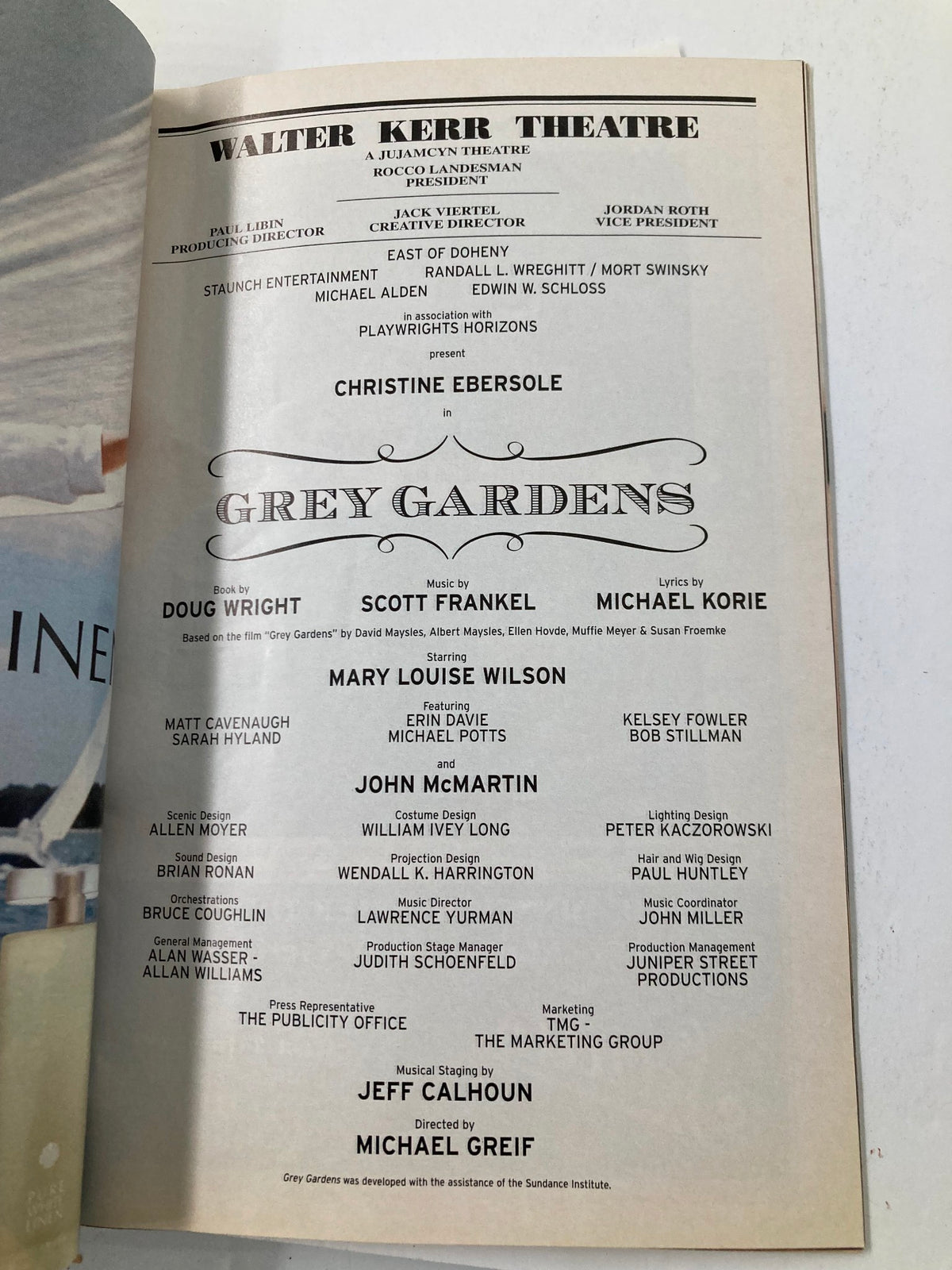 Cast and creative team credits page from the 2007 Playbill for Grey Gardens at Walter Kerr Theatre, highlighting Christine Ebersole and other contributors.
