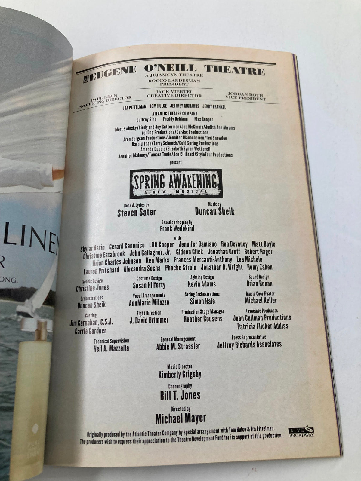 Program credits page of the 2007 Playbill for Spring Awakening at Eugene O'Neill Theatre, listing cast and crew involved in the production.