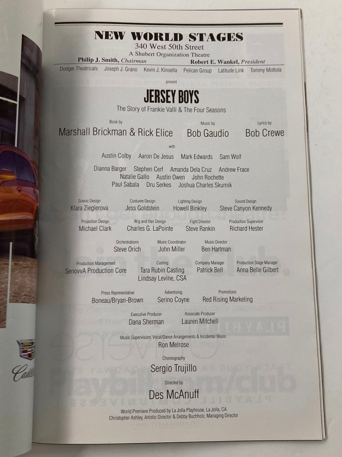 Cast and production details page from the 2018 Playbill New World Stages Jersey Boys, listing key contributors including Marshall Brickman, Rick Elice, Bob Gaudio, Bob Crewe, and others involved in the Frankie Valli & Four Seasons musical.