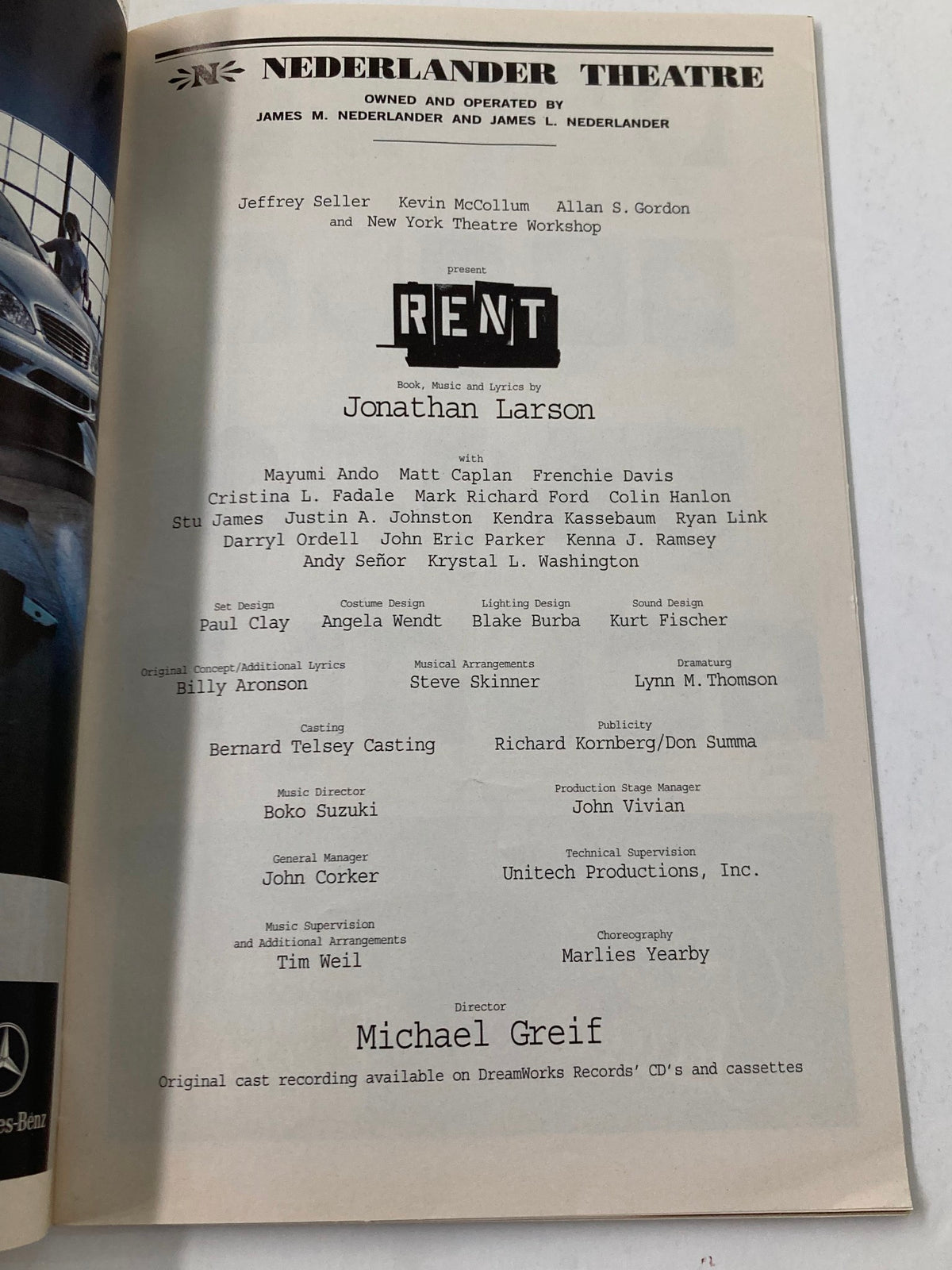 2003 Playbill Nederlander Theatre credits page listing cast and creative team for Rent, including Mayumi Ando and Matt Caplan.