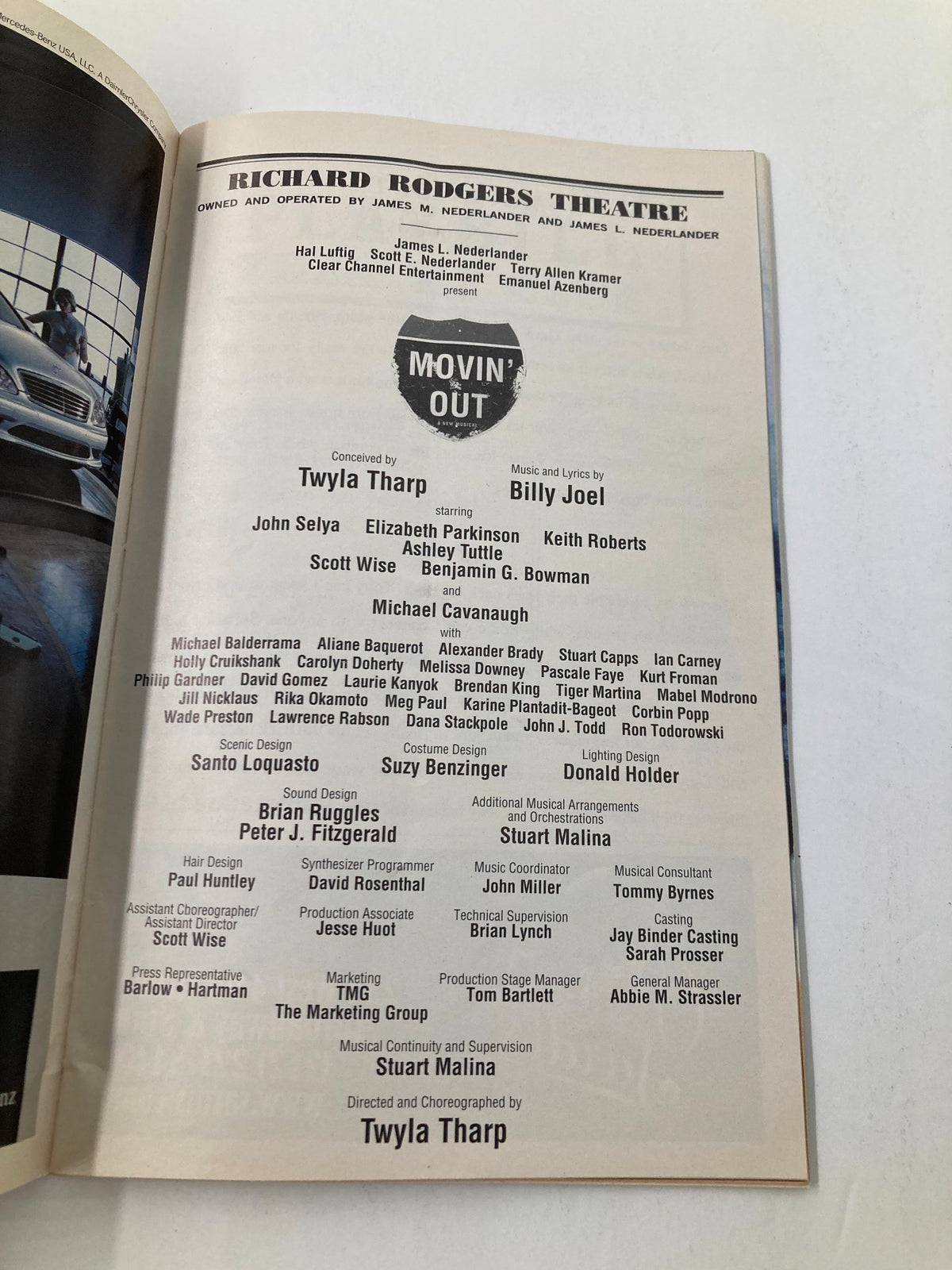 The credits page from the 2003 Playbill for Movin' Out, detailing the cast and crew including John Selya and Ashley Tuttle.