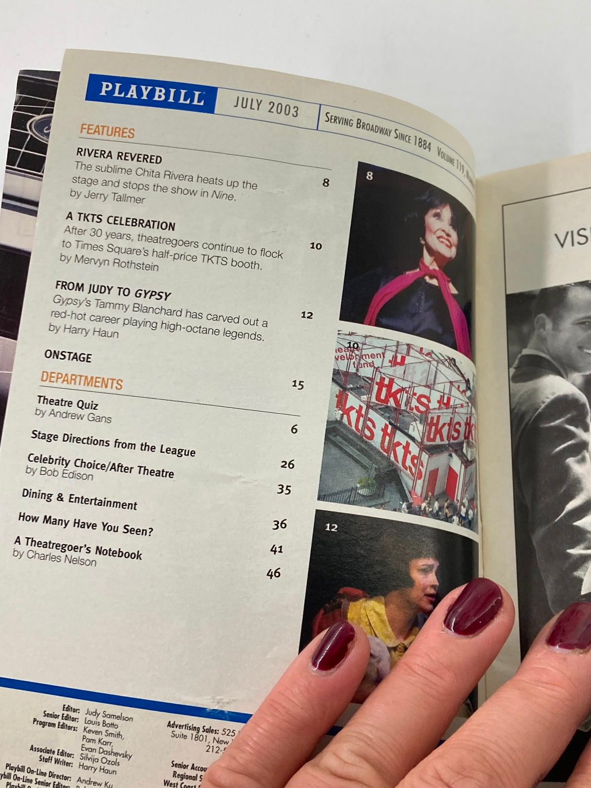 Inside page of the July 2003 Playbill for 'Take Me Out', showcasing features and articles related to Broadway performances.