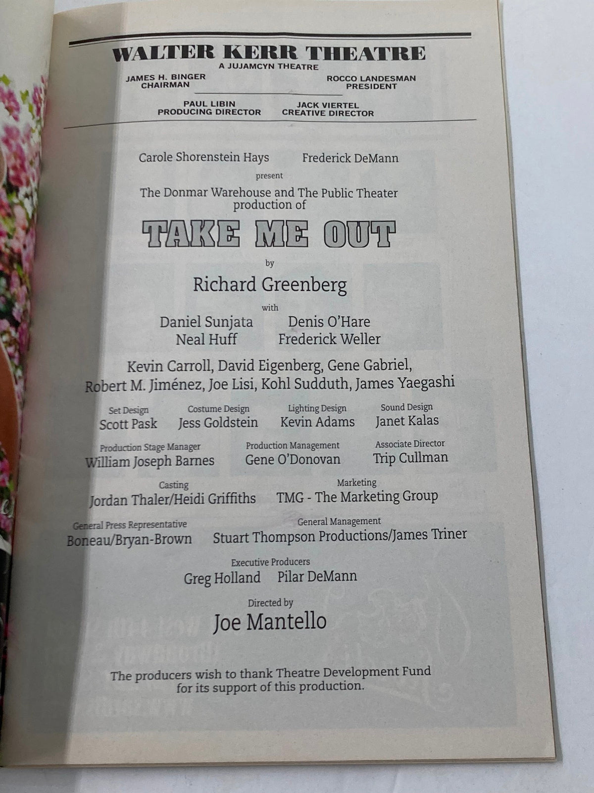 Credits page from the Playbill for 'Take Me Out' at the Walter Kerr Theatre, listing the cast and production team behind the acclaimed play.