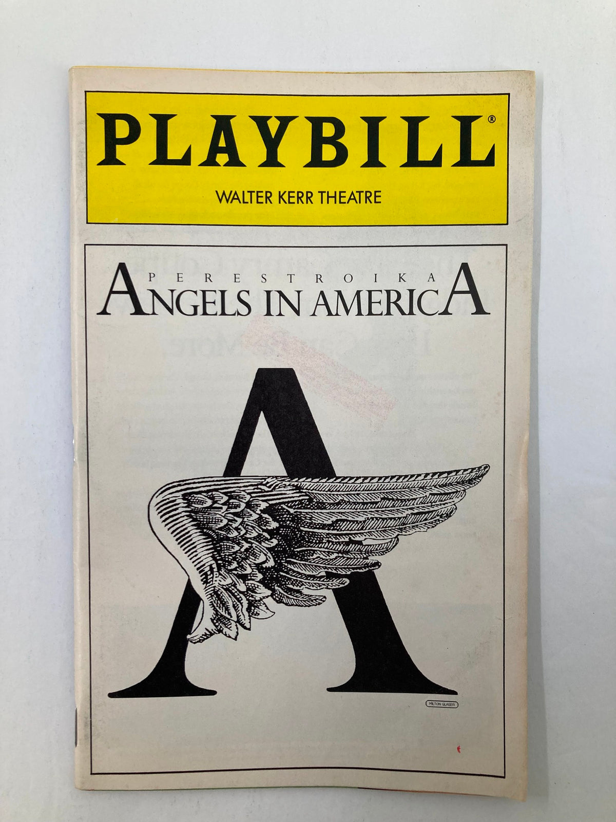 1994 Playbill for Perestroika, Angels in America by Tony Kushner showcasing a winged letter A on the cover, representing the acclaimed theatrical production at the Walter Kerr Theatre.