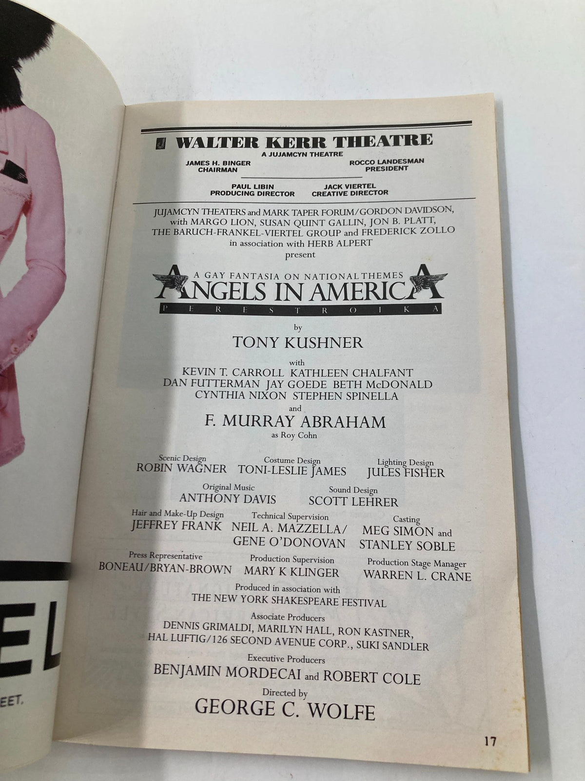 1994 Playbill for Perestroika, Angels in America by Tony Kushner presenting the cast and creative team page for the groundbreaking play, performed at the Walter Kerr Theatre.