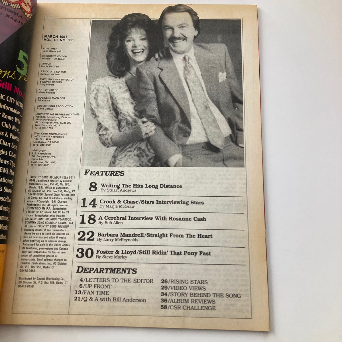 Inside page of Country Song Roundup Magazine March 1991 with features and articles including an interview with Roseanne Cash, highlighting key contributions to country music.