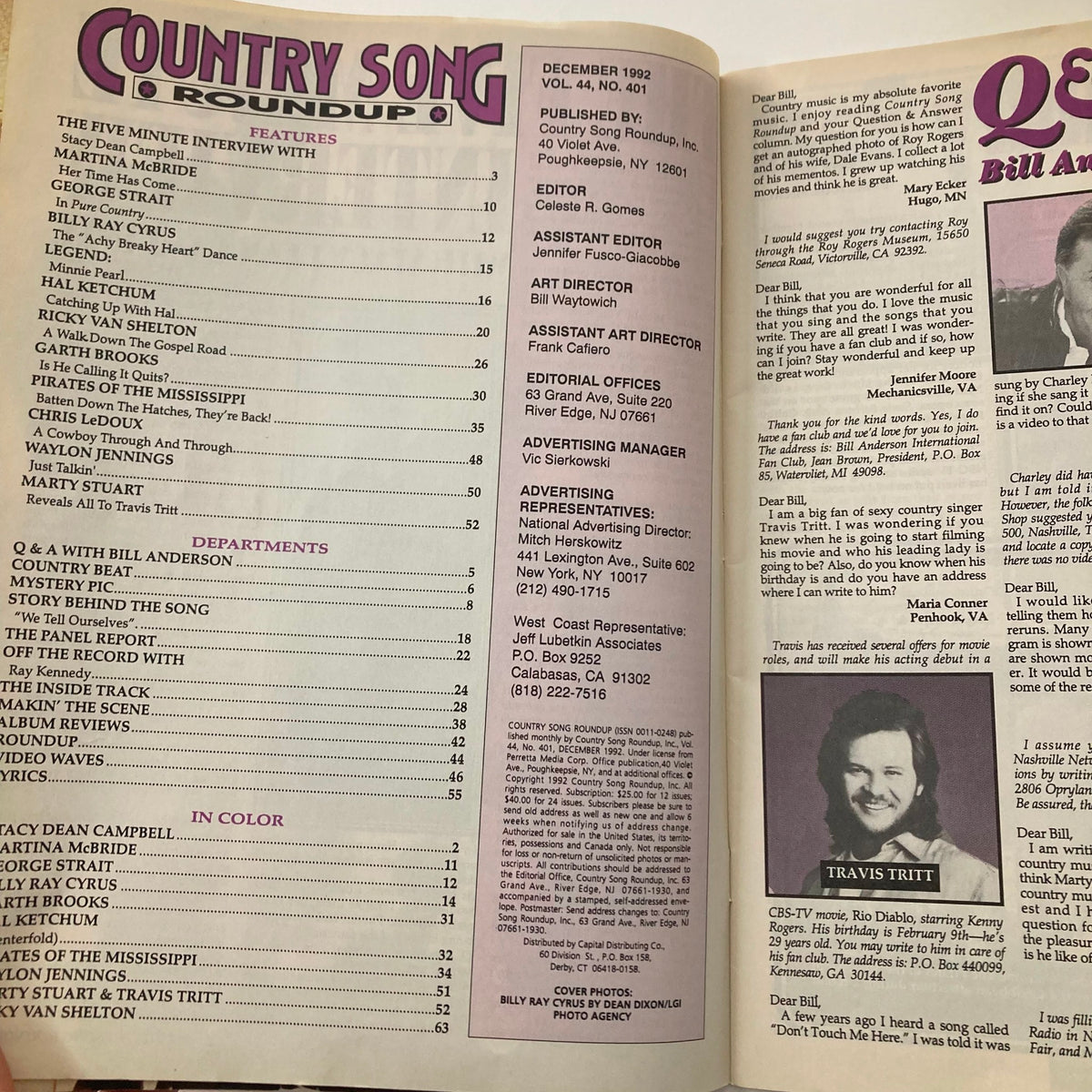 Inside page of Country Song Roundup Magazine, December 1992 showcasing the table of contents. Features interviews and articles about notable country music artists like Billy Ray Cyrus, Martina McBride, and Travis Tritt.