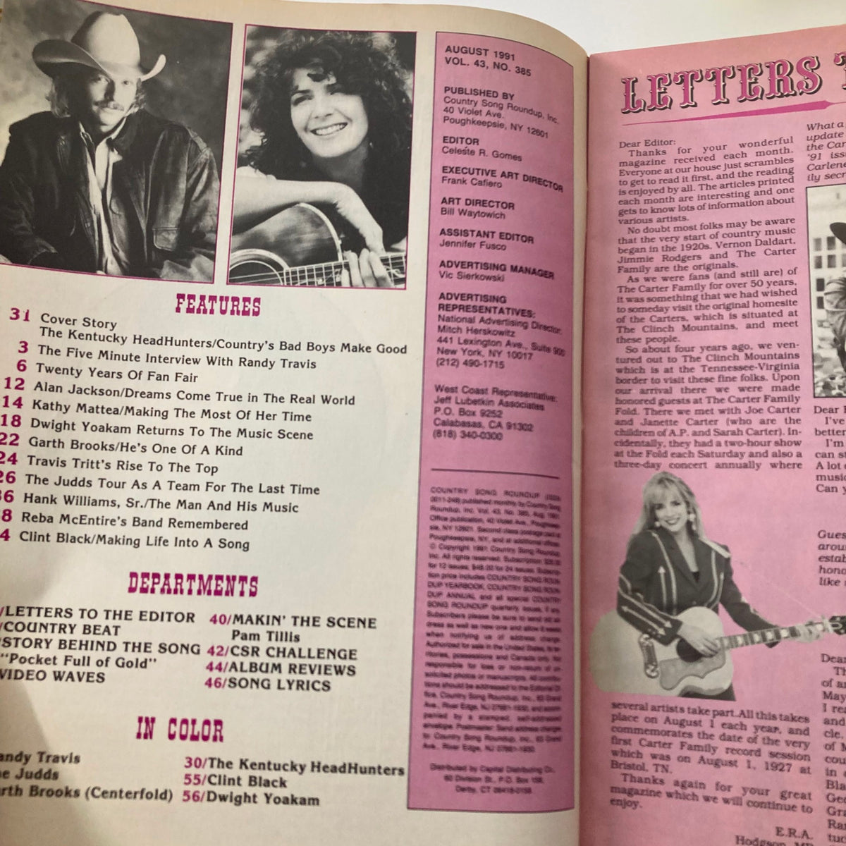 Inside spread of Country Song Roundup Magazine, August 1991, showcasing features about The Kentucky Headhunters, Randy Travis, and other country music stars.