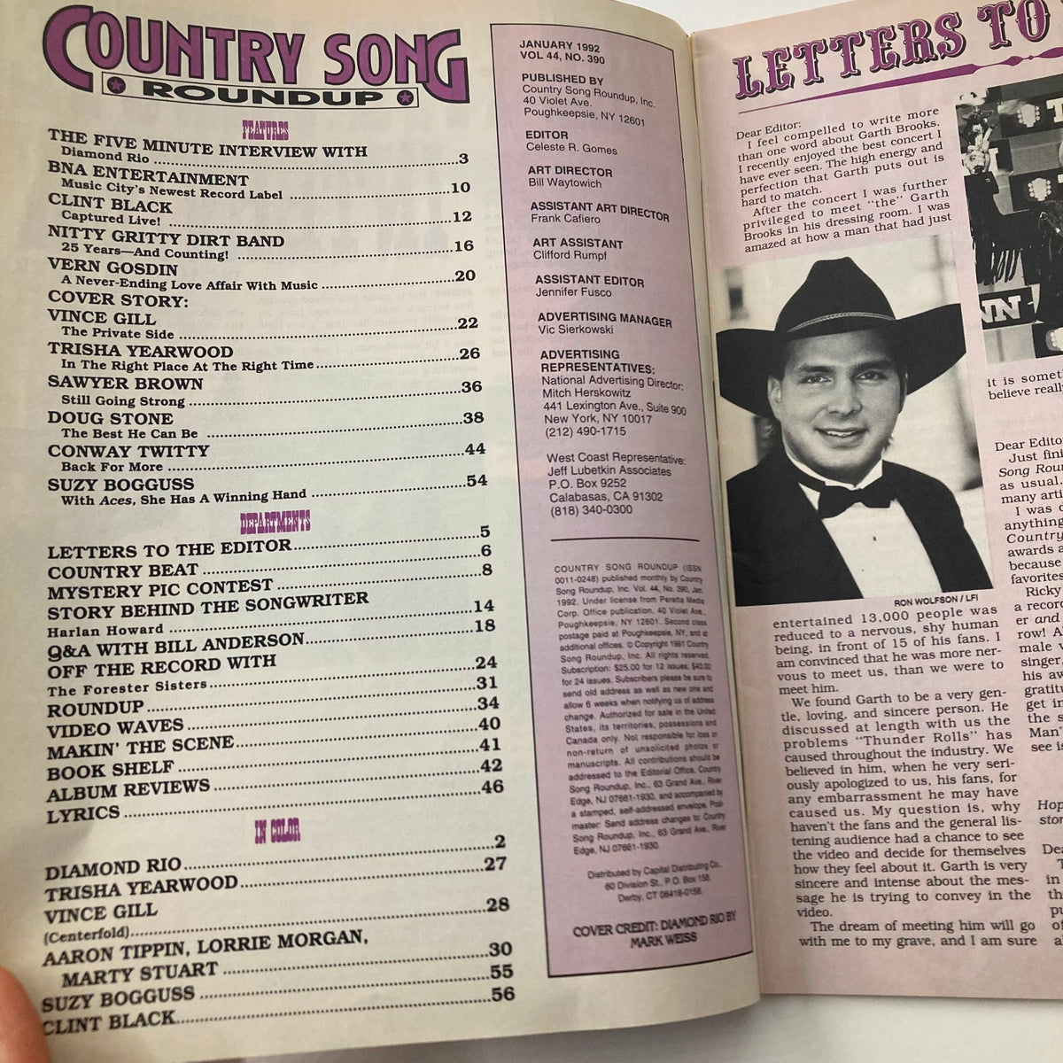 Interior page of the Country Song Roundup Magazine from January 1992 featuring an index of articles and columnists including artists like Vince Gill and Diamond Rio. This collectible magazine provides insights into country music culture.