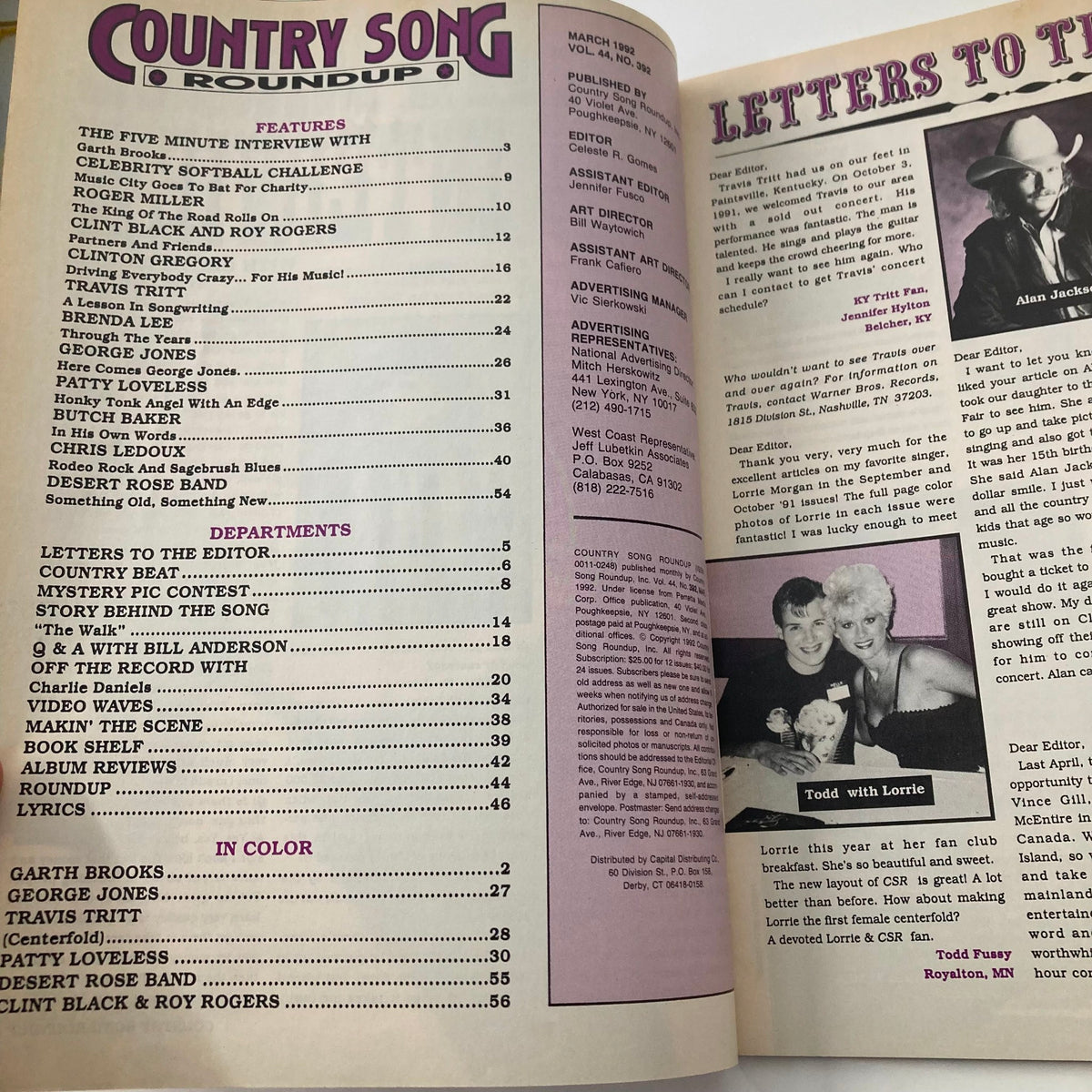 Inside page of Country Song Roundup Magazine March 1992 displaying the editorial section and article listings, highlighting features and departments related to country music.