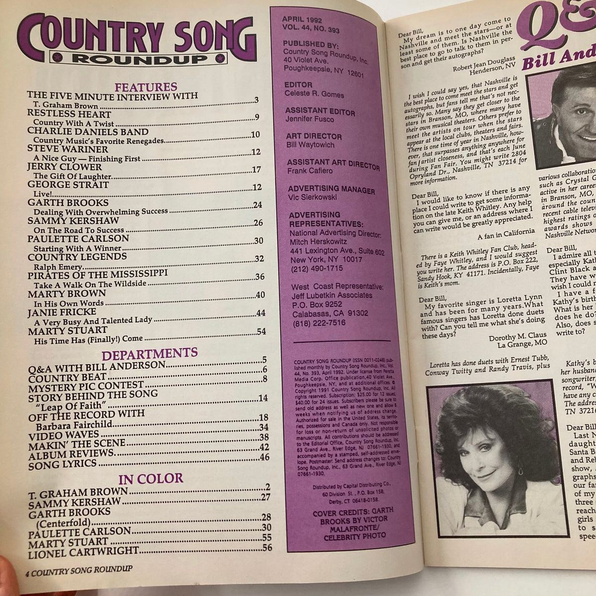 Interior page of the April 1992 Country Song Roundup Magazine displaying the table of contents and featuring articles about Garth Brooks, Sammy Kershaw, and various country music legends.