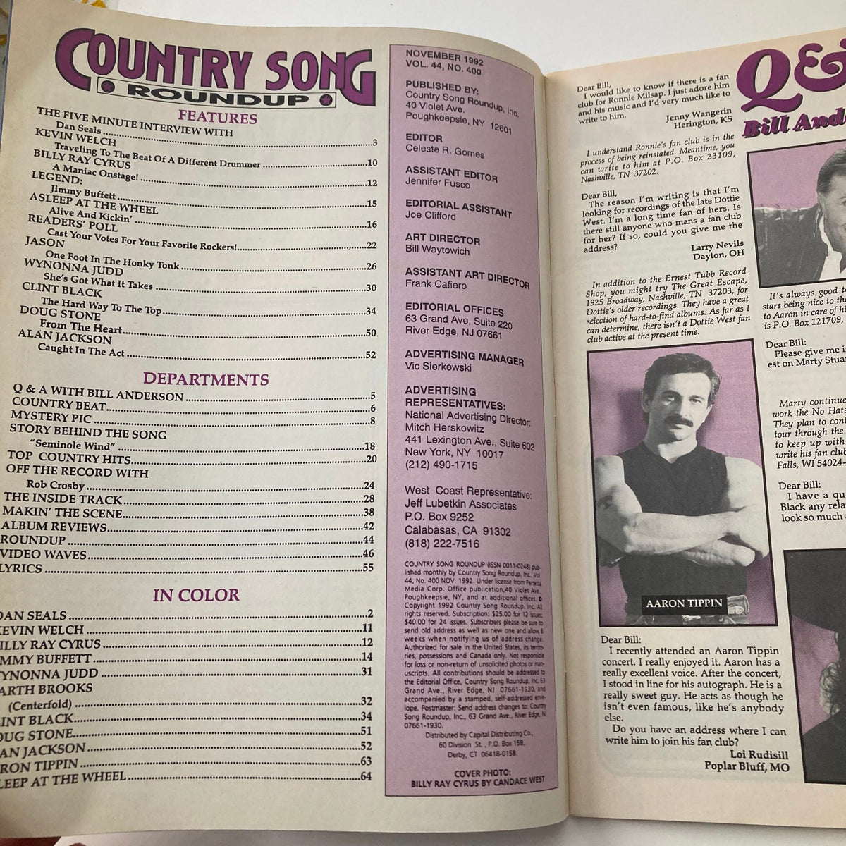 Interior page of Country Song Roundup Magazine November 1992 displaying the table of contents, listing features and departments, emphasizing key artists and topics in country music.