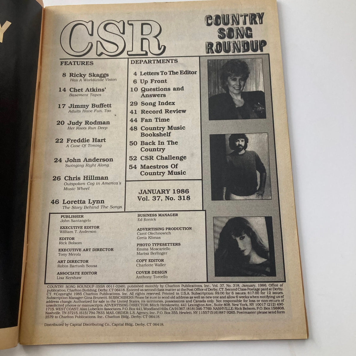 Inside page of VTG Country Song Roundup Magazine January 1986 featuring articles about Ricky Skaggs, John Anderson, and other country music artists, with a list of features and departments.