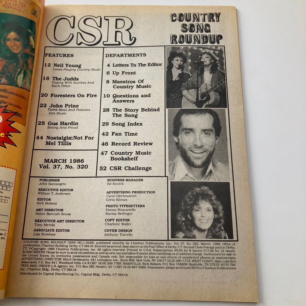 Interior page of VTG Country Song Roundup Magazine March 1986 displaying table of contents, featuring articles on The Judds and country music.