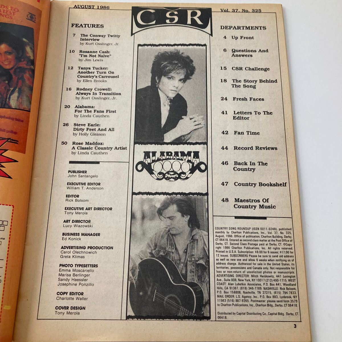 Interior page of VTG Country Song Roundup Magazine August 1986 Alabama For The Fans First, displaying features and articles including interviews and updates about prominent country music artists.