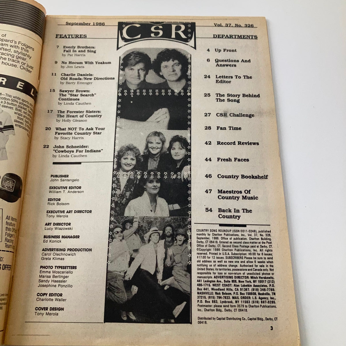 Interior page of VTG Country Song Roundup Magazine from September 1986, listing features and departments including The Forester Sisters.