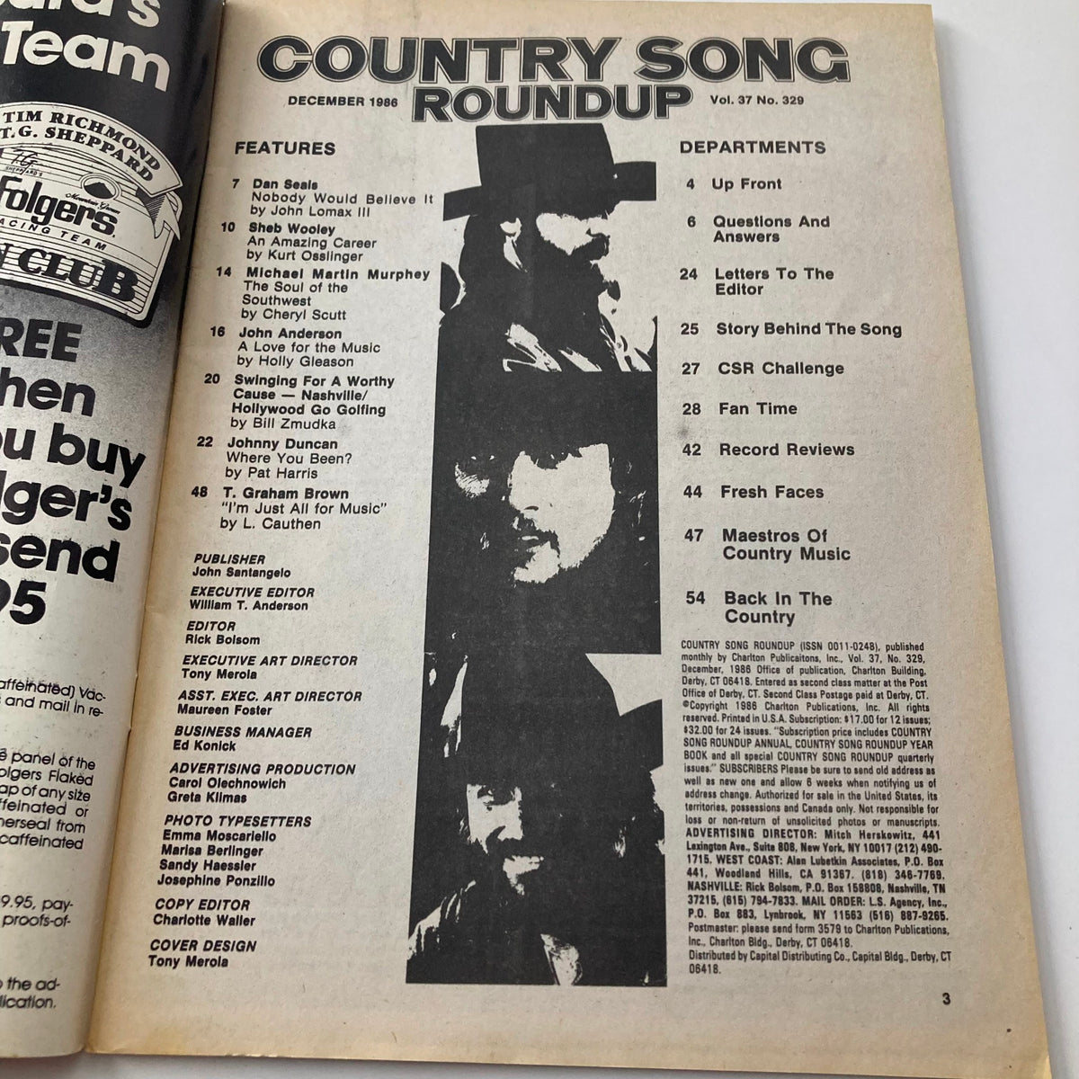 Inside page of VTG Country Song Roundup Magazine December 1986 showing features and articles including Dan Seals and John Anderson.