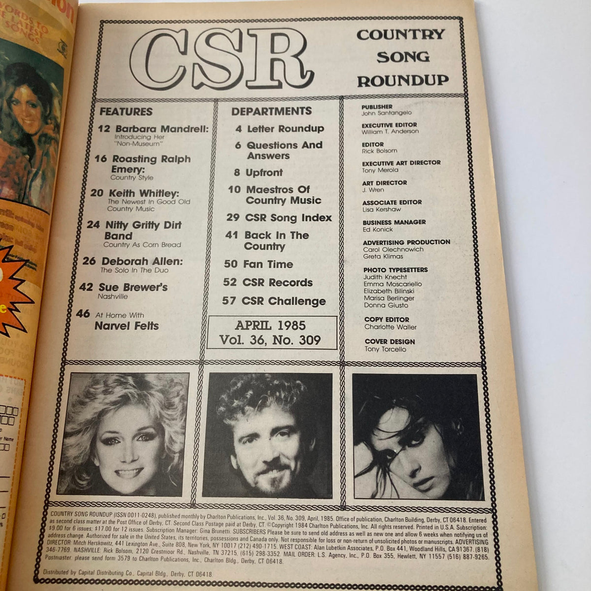 Inside page of VTG Country Song Roundup Magazine, April 1985, detailing features and departments including Barbara Mandrell, Ralph Emery, and the Nitty Gritty Dirt Band.