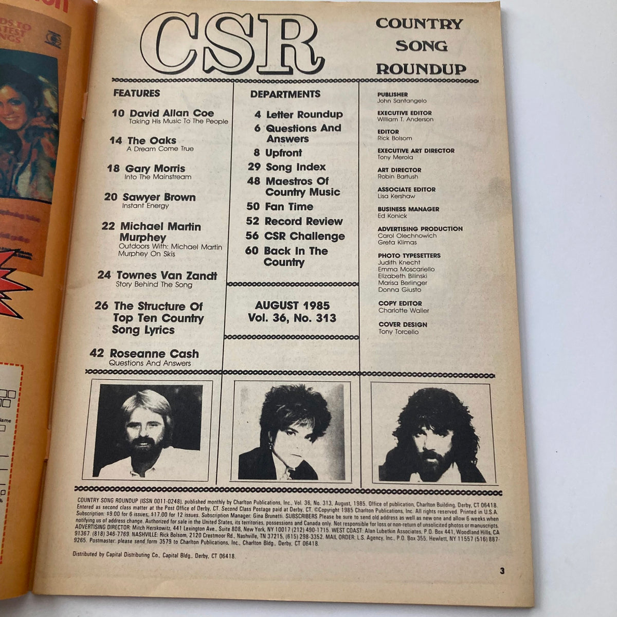 Table of contents page from Country Song Roundup Magazine August 1985, highlighting featured articles on artists like Rosanne Cash and David Allan Coe, along with various departments related to country music.