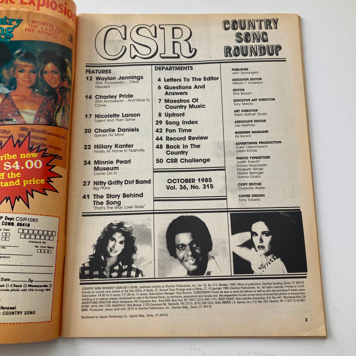 Inside page of VTG Country Song Roundup Magazine October 1985 showing features on Waylon Jennings and Charley Pride, along with article listings and departments for country music enthusiasts.