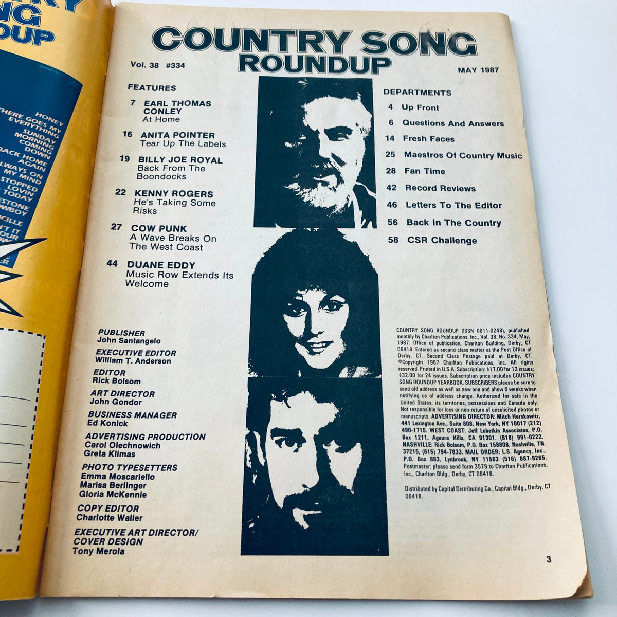 Interior page of Country Song Roundup Magazine May 1987 listing features with Earl Thomas Conley, Anita Pointer, Billy Joe Royal, and Duane Eddy.