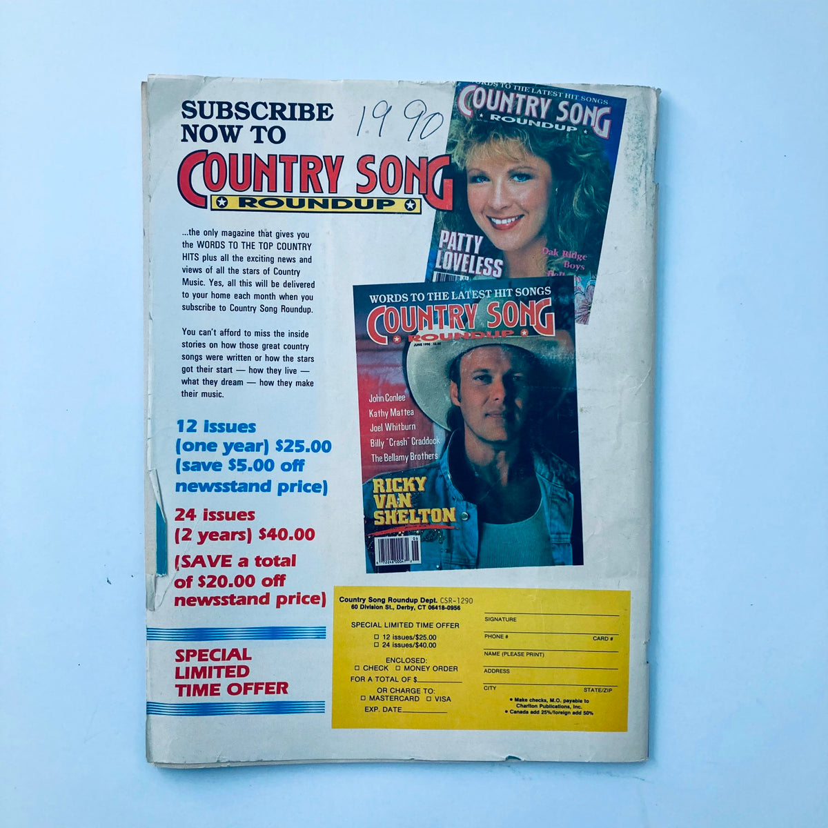 Subscription offer and back cover of VTG Country Song Roundup Magazine December 1990, showcasing promotional details and cover images of country artists Patty Loveless and Ricky Van Shelton.