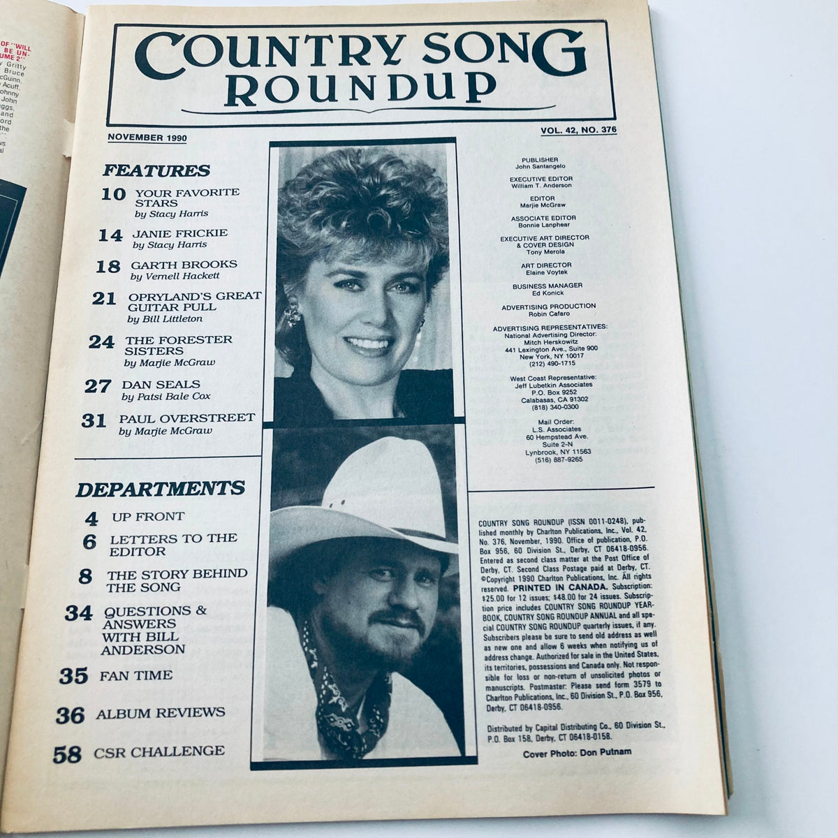 Interior page of the November 1990 Country Song Roundup Magazine, showcasing features and articles including Janie Frickie and Garth Brooks.