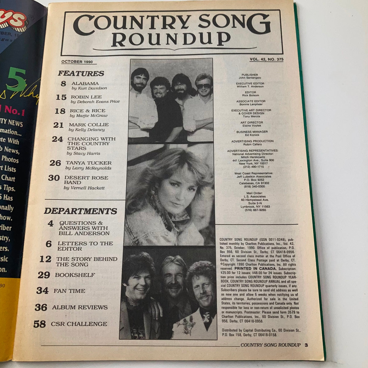 Inside page of the VTG Country Song Roundup Magazine from October 1990 showcasing features including Alabama, Desert Rose Band, and various articles related to country music.
