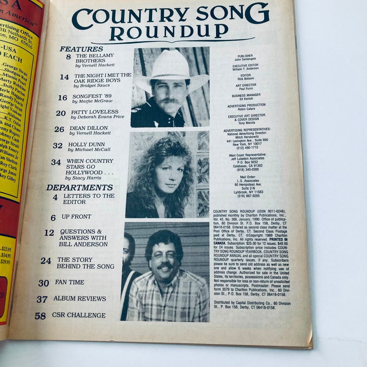 Inside page of the VTG Country Song Roundup Magazine January 1990 featuring articles about Patty Loveless and the Oak Ridge Boys. The image showcases the magazine's contents, including features on country music stars and various departments, highlighting the culture of country music in the late 80s and early 90s.