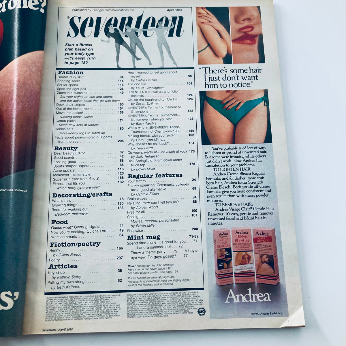 Inside page of VTG Seventeen Magazine April 1982, displaying the table of contents with articles on fashion, beauty, and youth culture.