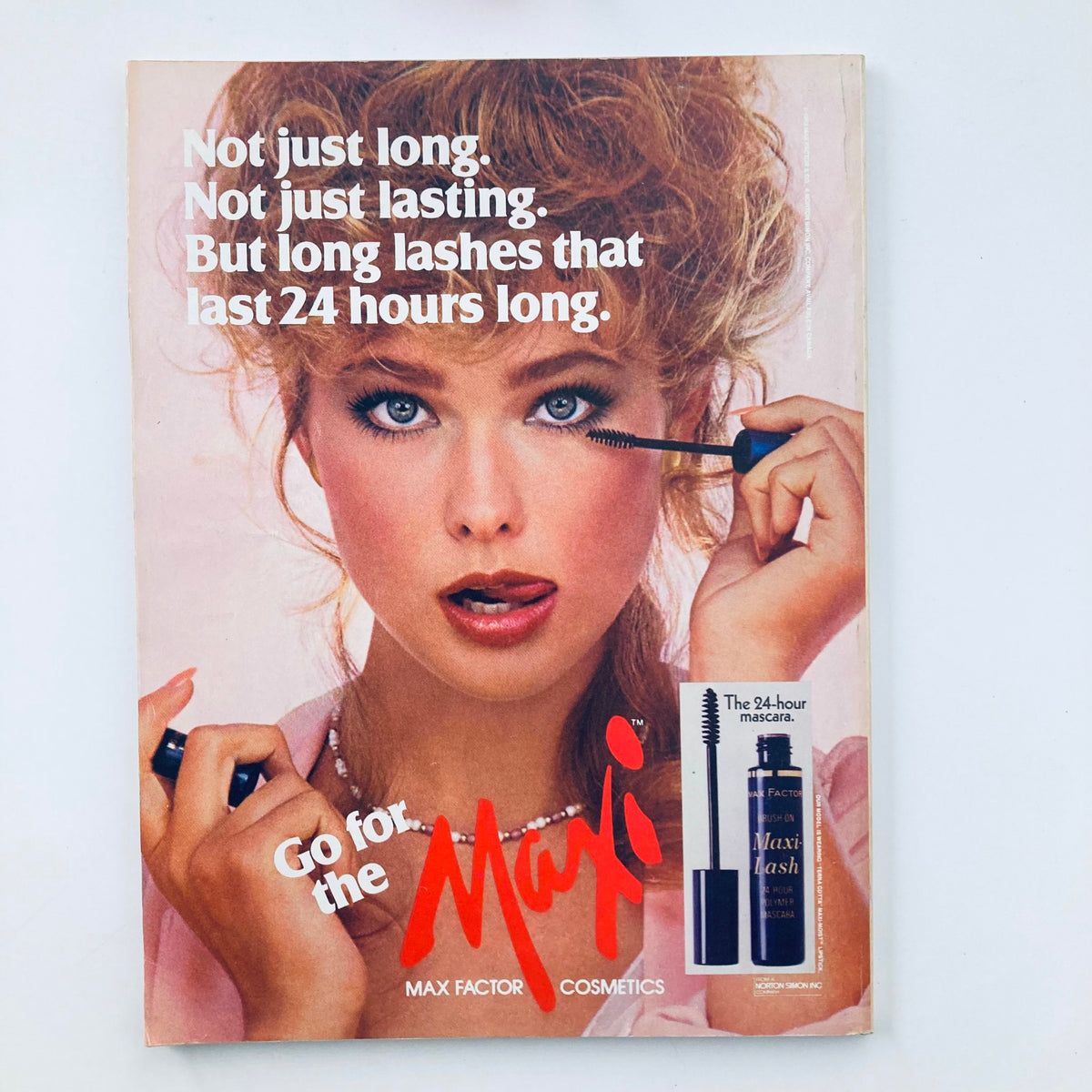 Back cover of VTG Seventeen Magazine April 1982 featuring a Max Factor mascara advertisement, highlighting beauty trends of the 1980s.