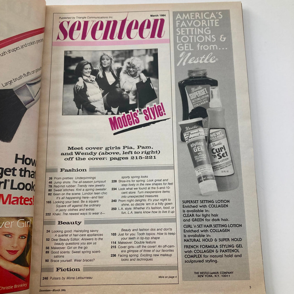 Inside page of VTG Seventeen Magazine March 1984 Cover Girls, showcasing the models Pia, Pam, and Wendy along with fashion and beauty articles.