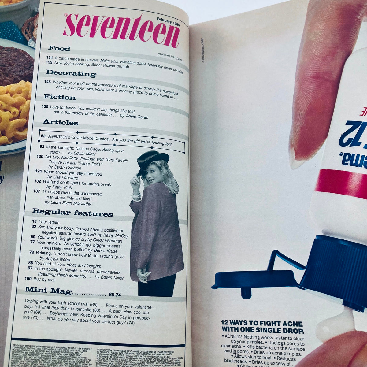 Inside page of VTG Seventeen Magazine February 1985 showing the table of contents with articles and features related to food, fashion, and relationships, featuring models and celebrity spotlights.